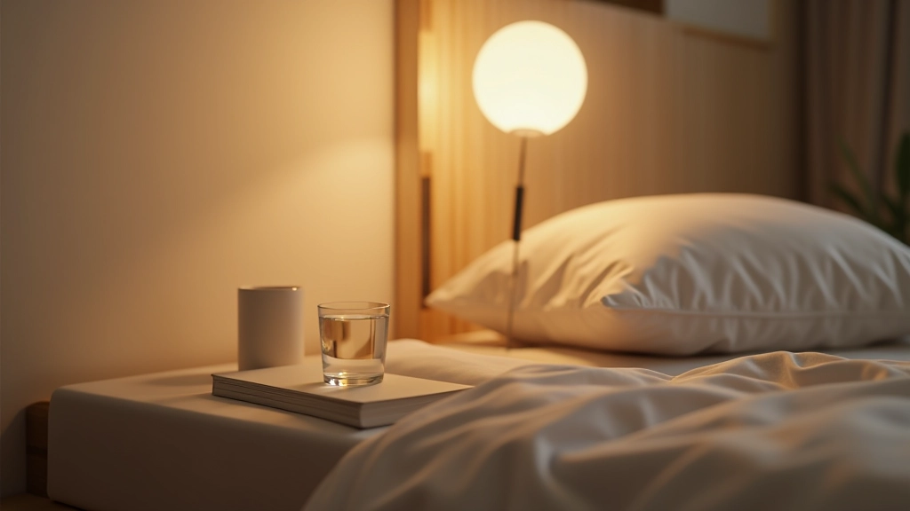 Noční stolek bez elektroniky, jen kniha a sklenice vody, minimalistický design